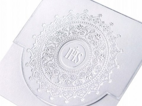 Zaproszenia na komunię komunijne białe srebrne IHS