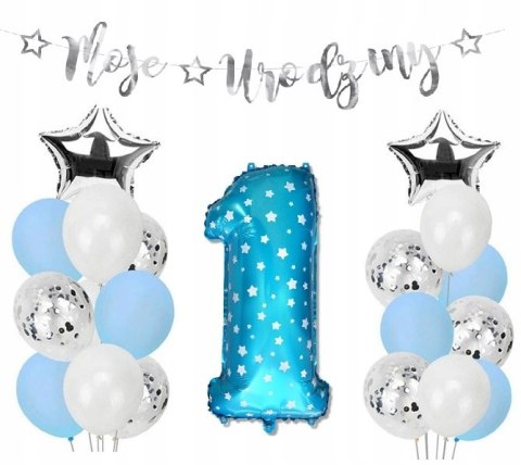 Balony z konfetti baner na roczek HEL 1 urodziny