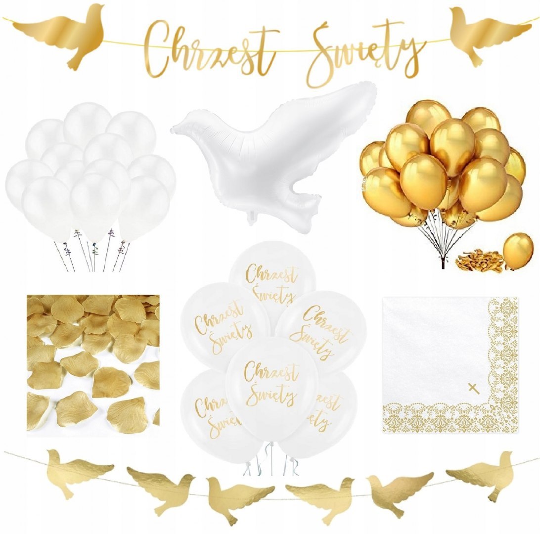 Balony serwetki złote dekoracje ozdoby na Chrzest