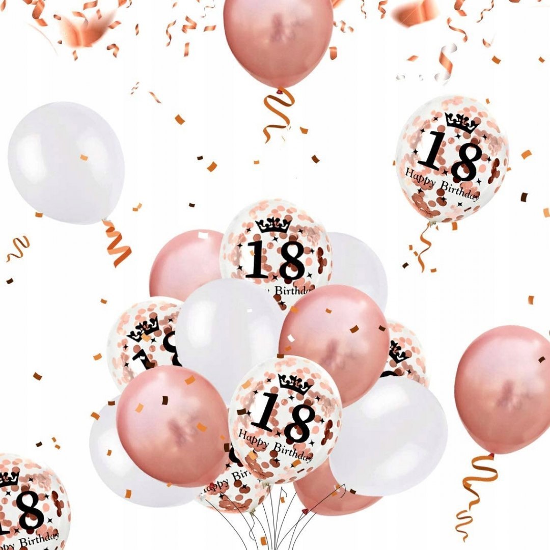 Balony na 18 urodziny różowe złoto konfetti 15szt.