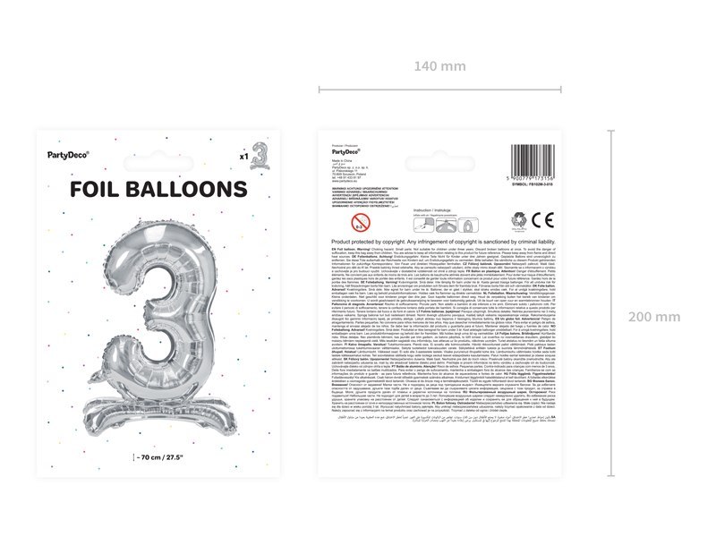 Stojący balon foliowy Cyfra ''3'', 70cm, srebrny