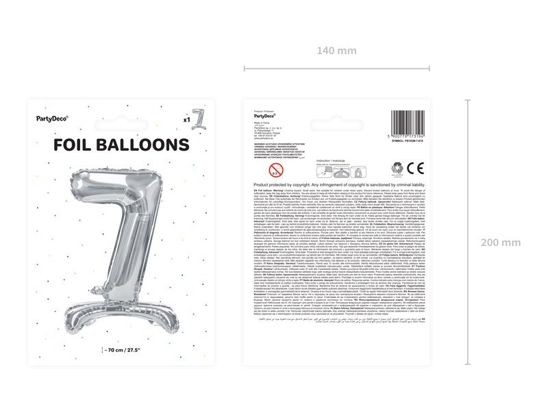 Stojący balon foliowy Cyfra ''7'', 70cm, srebrny