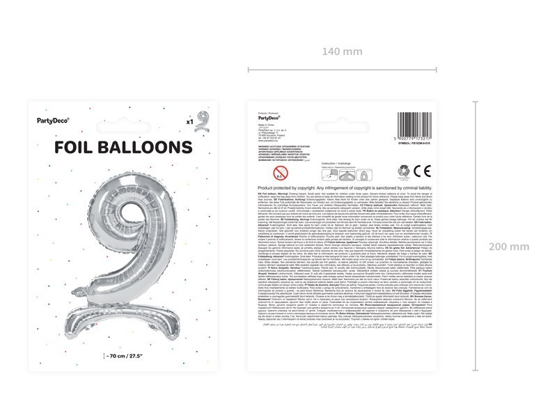 Stojący balon foliowy Cyfra ''9'', 70cm, srebrny