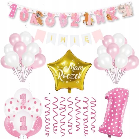 Balony baner IMIĘ DZIECKA cyfra 1 urodziny roczek