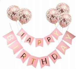Baner Happy Birthday balony z konfetti rosegold x5