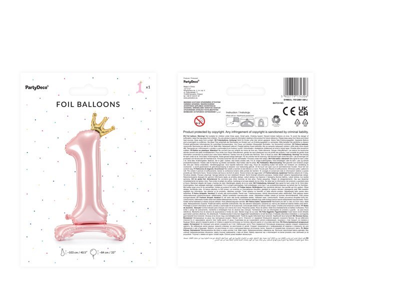 Stojący balon foliowy cyfra "1", 84 cm, jasny różowy