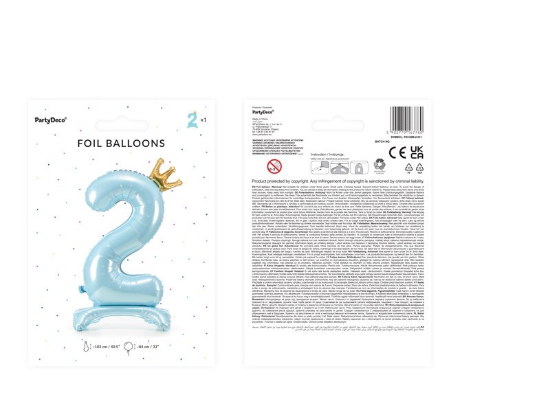 Stojący balon foliowy cyfra "2" , 84 cm, błękit