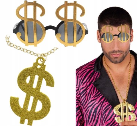 Okulary dolary naszyjnik dolar Strój rapera gangstera szejka businessmana