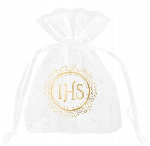 Woreczki z organzy białe złote IHS na prezenty dla gości stół komunijny x10