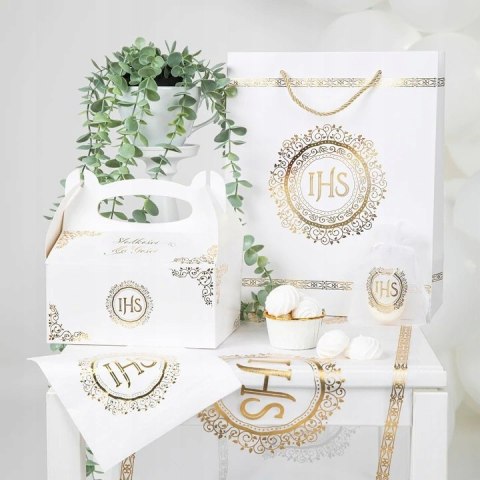 Woreczki z organzy białe złote IHS na prezenty dla gości stół komunijny x10