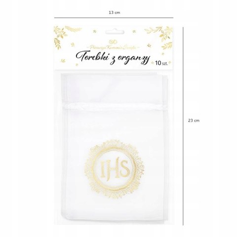 Woreczki z organzy białe złote IHS na prezenty dla gości stół komunijny x10