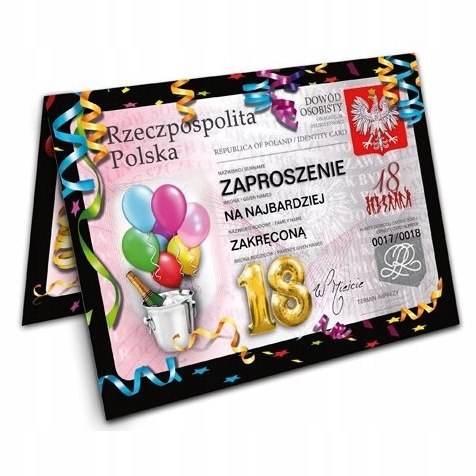 Zaproszenia na 18 osiemnaste urodziny osiemnastkę dowód osobisty 10 sztuk