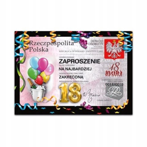 Zaproszenia na 18 osiemnaste urodziny osiemnastkę dowód osobisty 10 sztuk