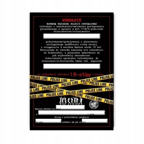 Zaproszenia na 18 osiemnaste urodziny osiemnastkę wezwanie na policję 10szt