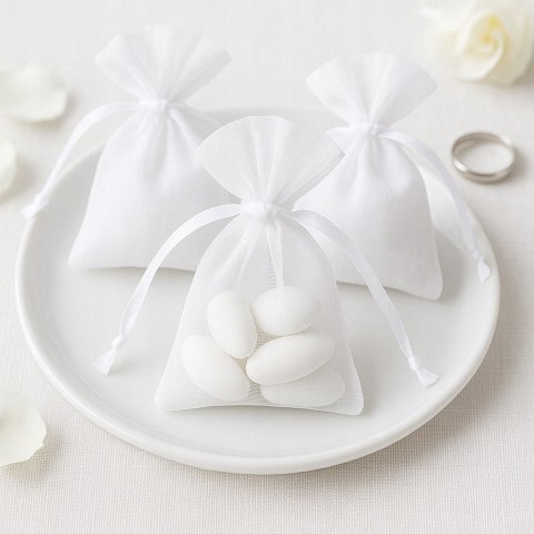 Białe woreczki z organzy na podziękowania dla gości Ślub Wesele 7x10 100szt