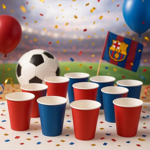 Talerzyki kubeczki papierowe urodzinowe FC Barcelona piłka nożna 12 kpl.