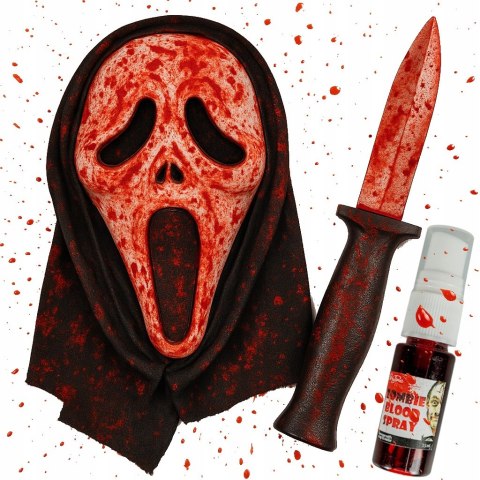 Maska Krzyk fałszywy nóż z chowanym ostrzem